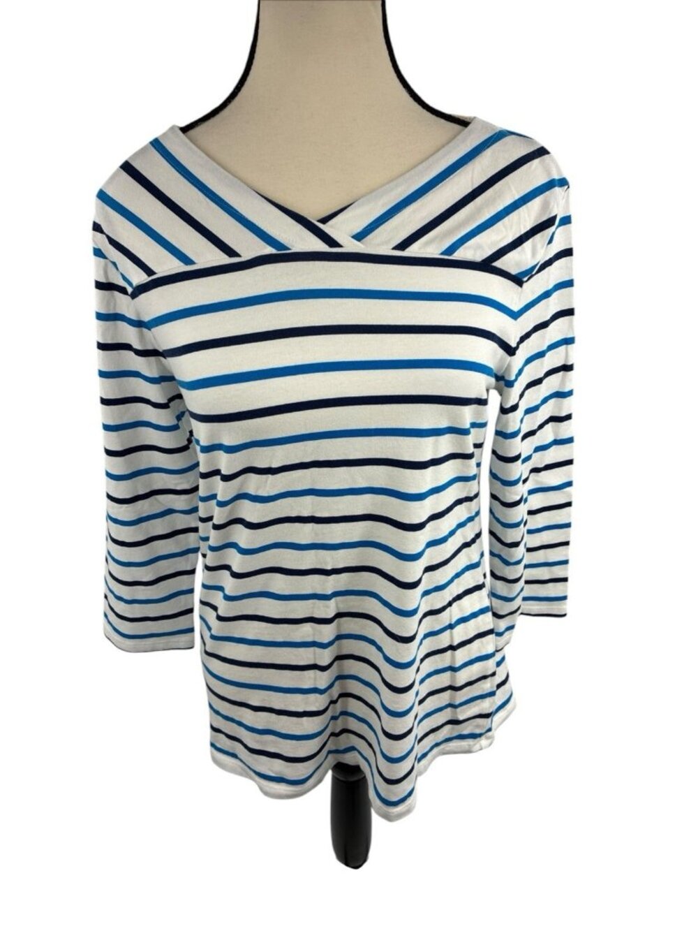 Croft & Barrow Womens Striped Knit Top Blue White 3/4 Sleeve Surplice Neck S - Picture 2 of 9